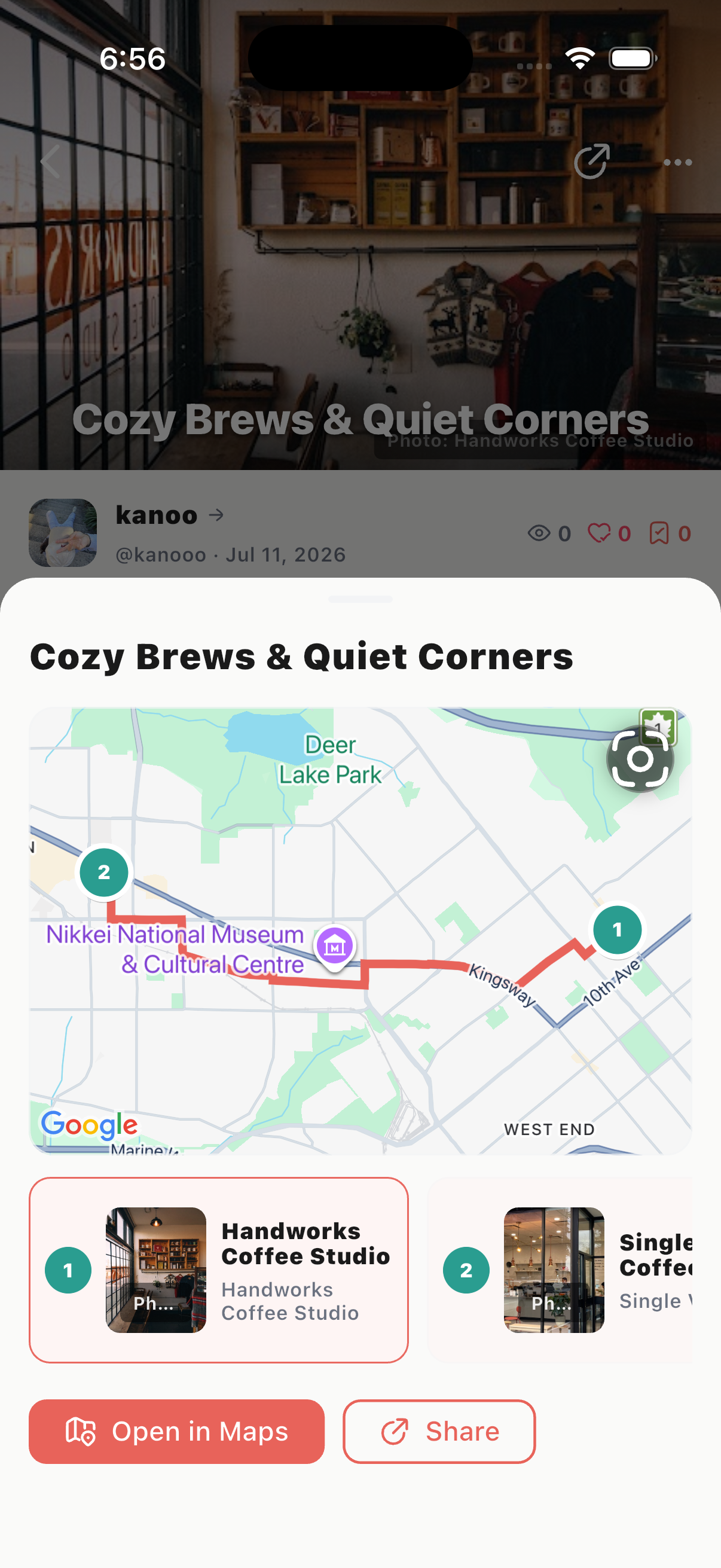 Kanoo Glance screen showing a quick map preview for selected places.