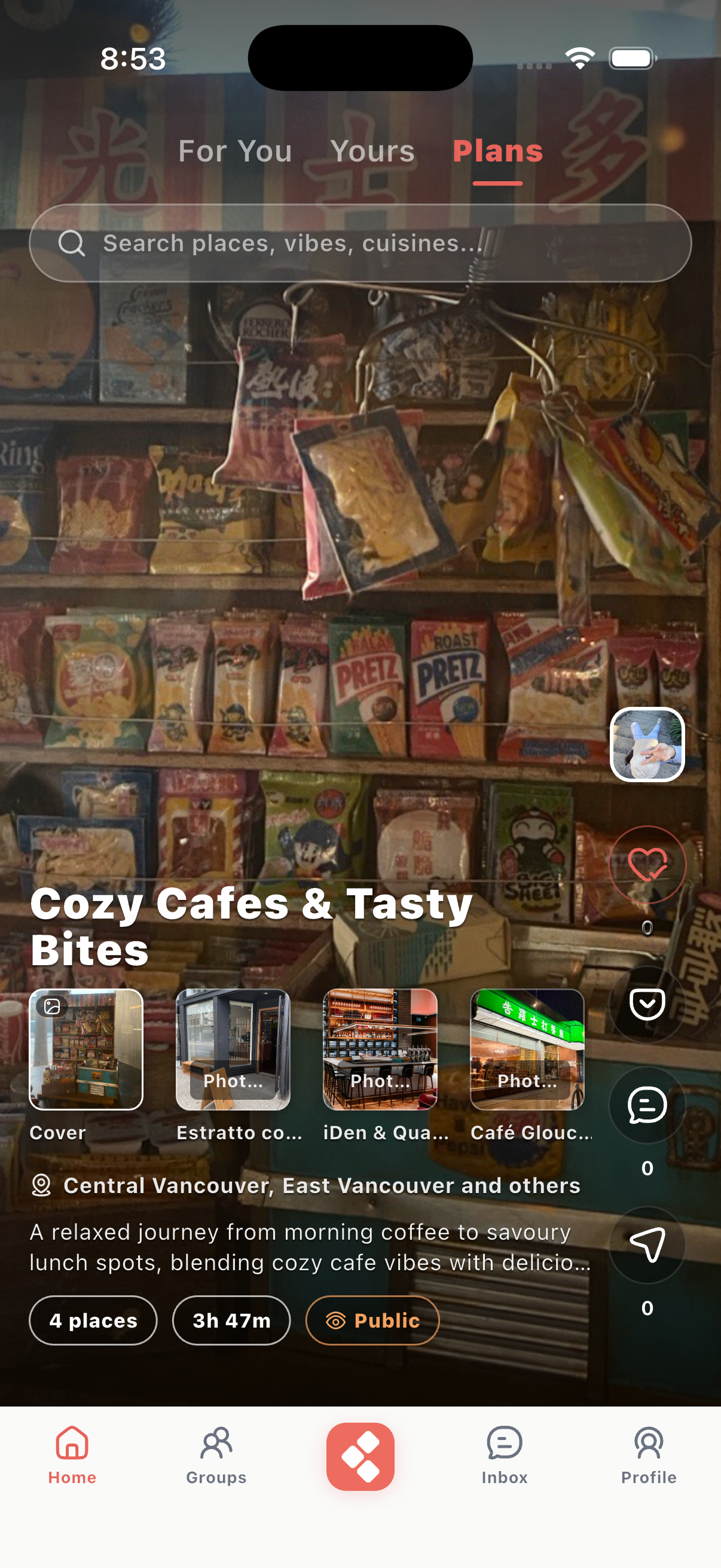 Kanoo place playlist screen with a quick map preview for the selected places.