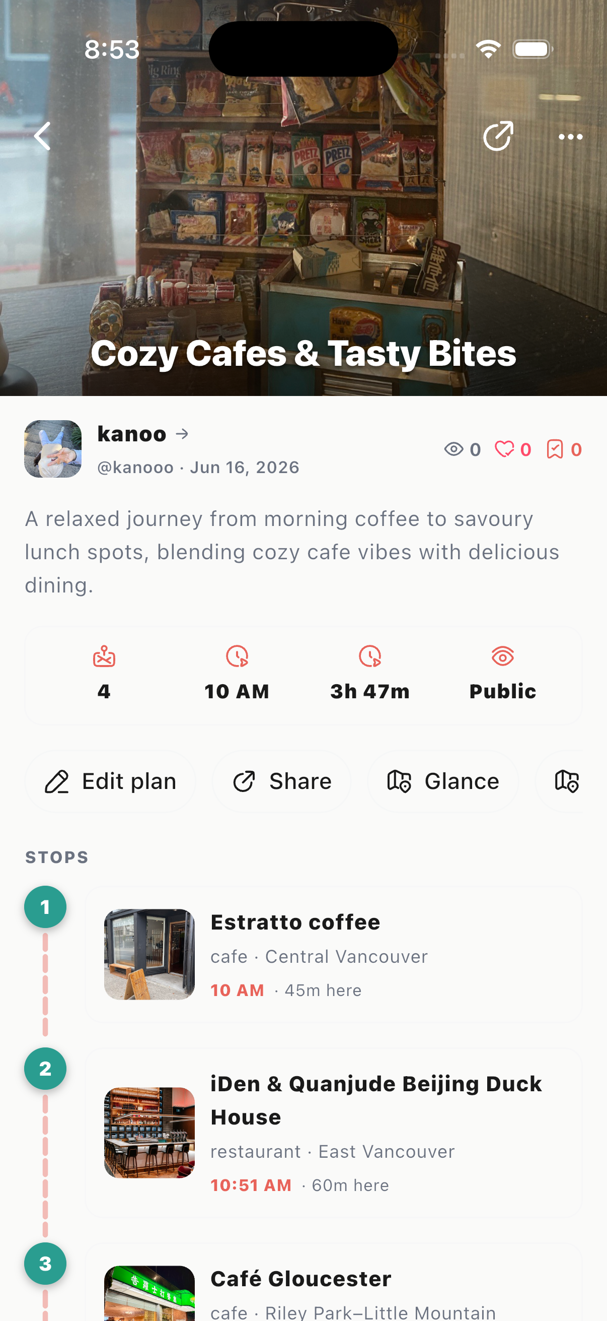 Kanoo place playlist card showing saved places gathered for an outing.
