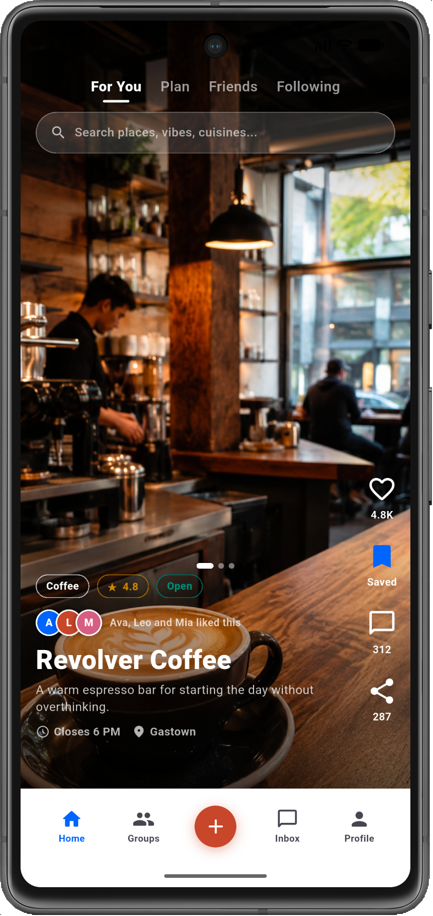 Kanoo feed prototype showing a visual place browsing experience.