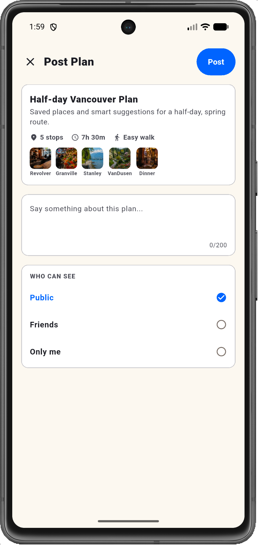 Kanoo post-and-share prototype showing a plan ready to share.