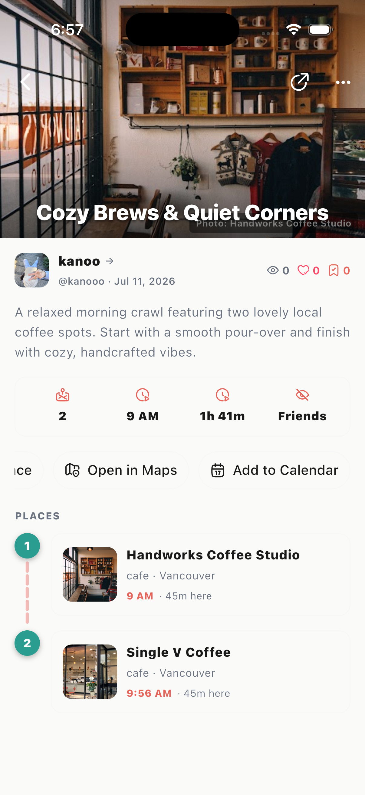 Kanoo screen showing an outing ready to open in Maps.